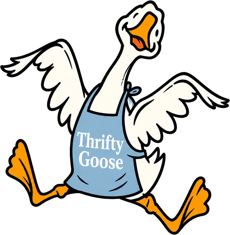 The Thrifty Goose goose wearing a blue apron