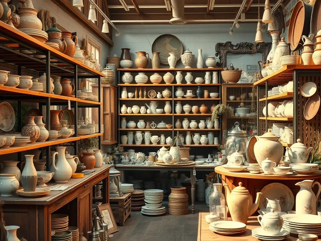 A collection of home goods at The Thrifty Goose, featuring pottery, decorative items, and kitchenware. Emphasize the charm and character of thrifted home decor.