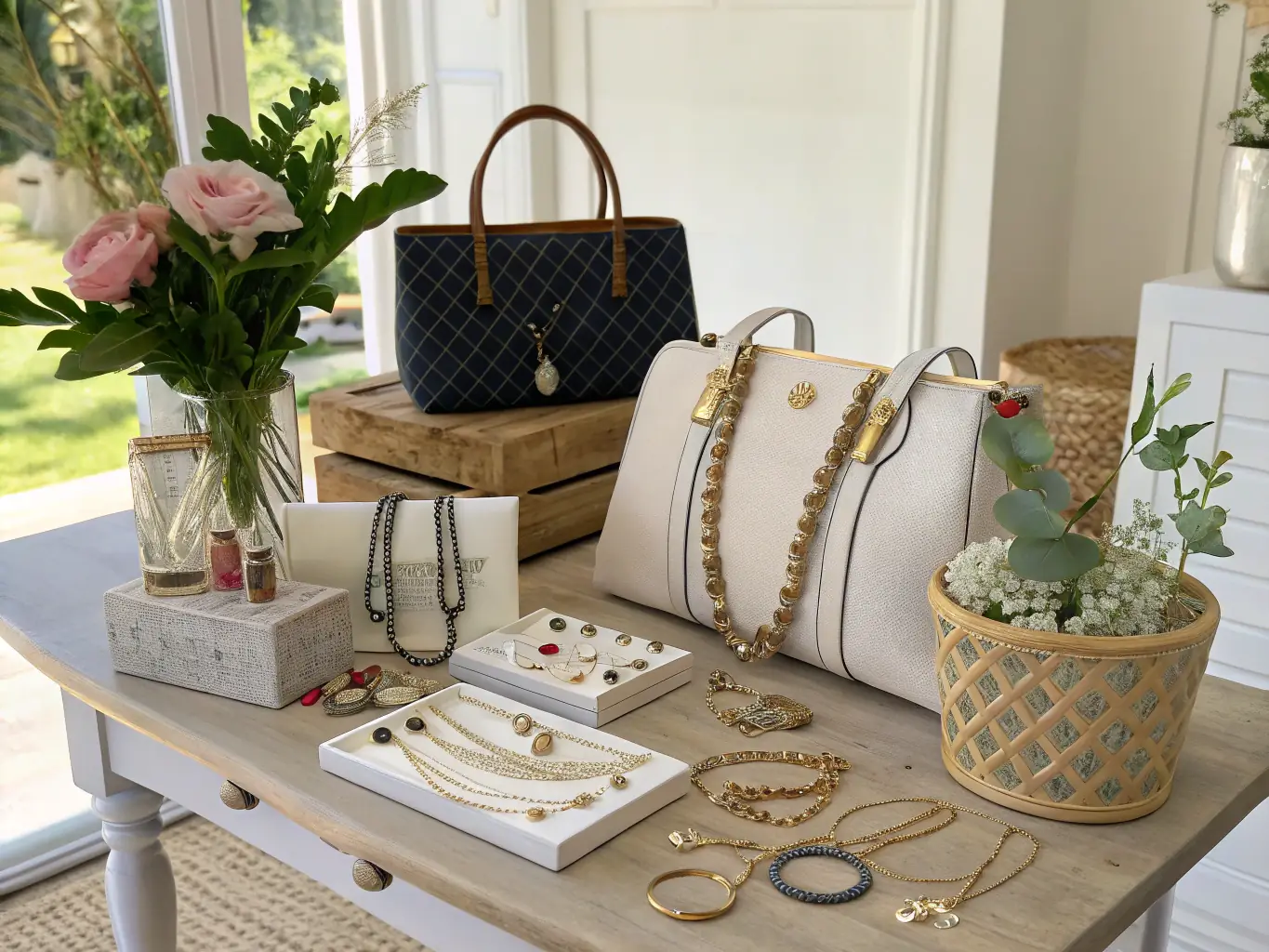 A display of various accessories at The Thrifty Goose, including shoes, handbags, scarves, and jewelry. Highlight the unique and eclectic nature of the thrifted accessories.
